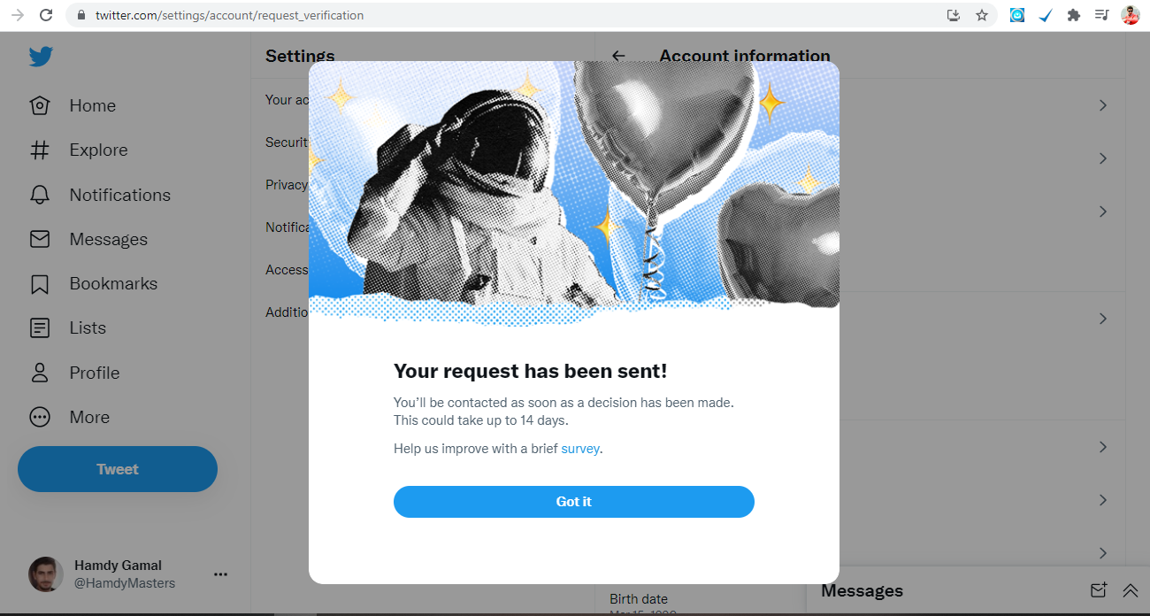Twitter let accounts to request a verification badge